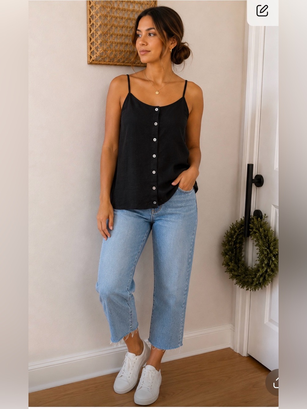 Black Button-Front linenSpaghetti Strap‎ Tank Top large